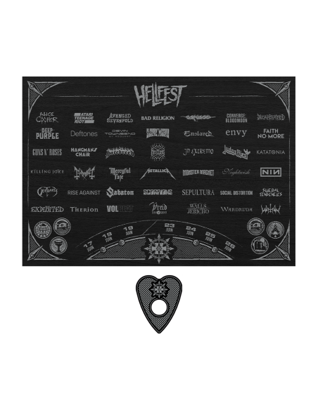 planche de ouija  custom en bois 22cm X 16cm X 0,5cm et sa liseuse - serigraphie argent
infoline : hellfestcult@hellfest.fr
